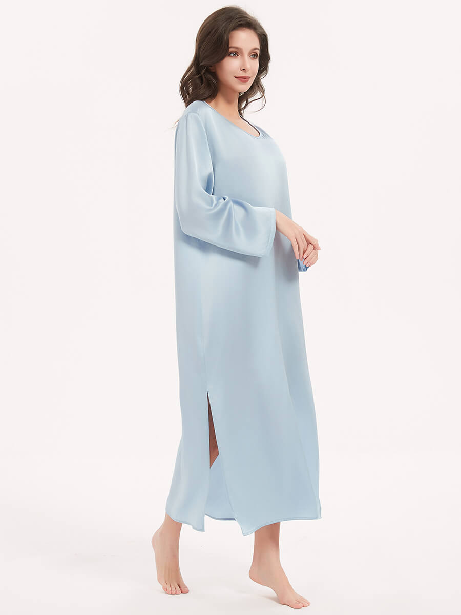 (image for) Comfortable Flowy Long Sleeve Silk Sleep Dress with Side Slit