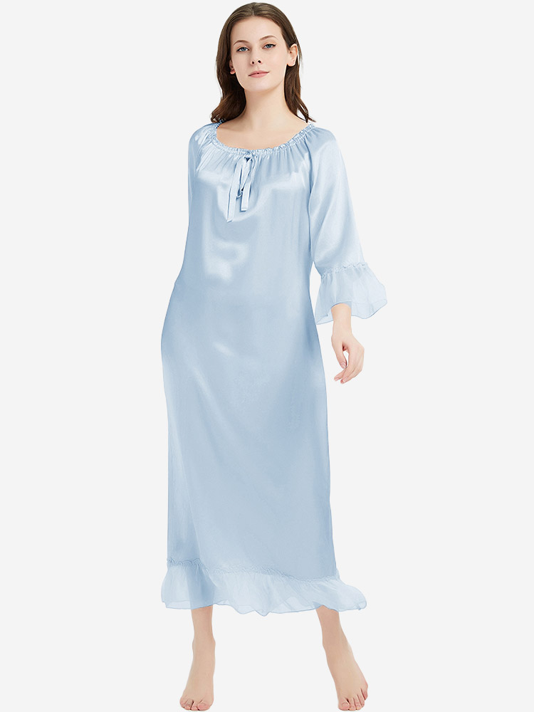 (image for) 22 Momme Tie-Neck Ruffled Women Long Mulberry Silk Nightdress