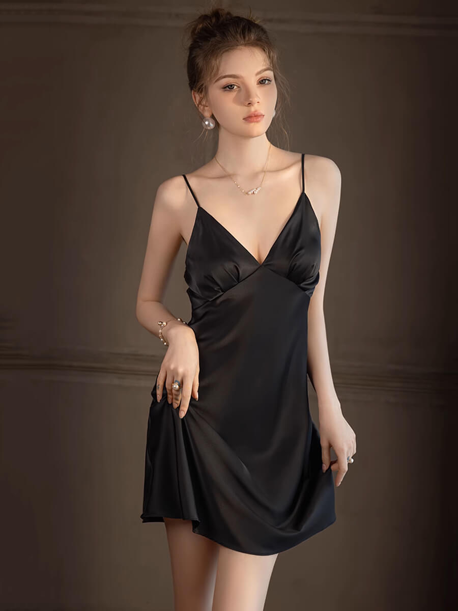 (image for) 22 Momme Sexy Mini Silk Slip Nightgown with Ruched Triangle Cups