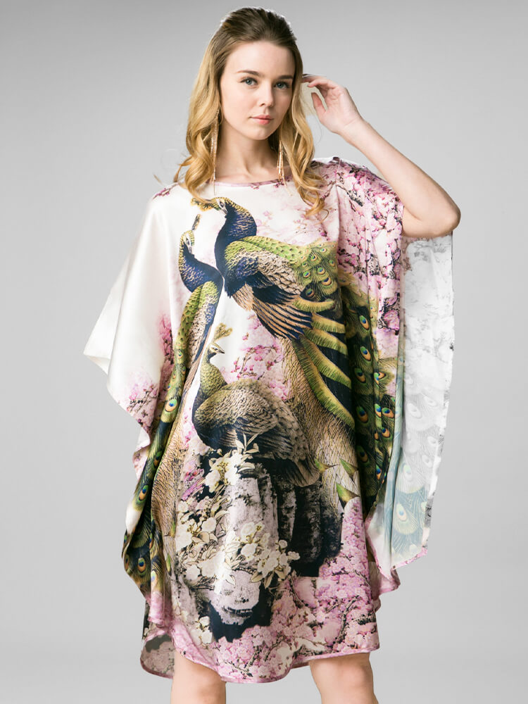 (image for) Cherry Blossom and Peacock Printed White Silk Kaftan Nightgown