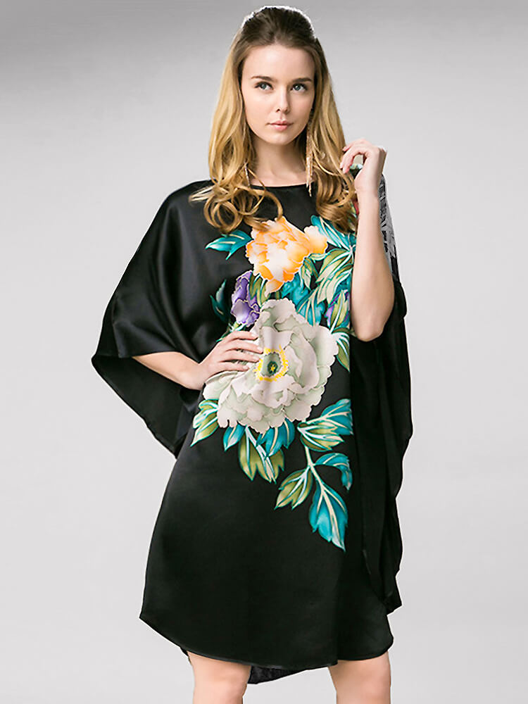 (image for) Peonies Floral Black Printed Pure Mulberry Silk Caftan
