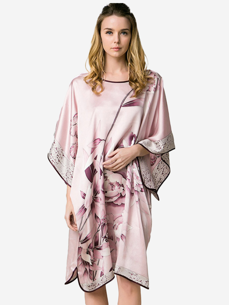 (image for) 22 Momme Pink Peony Floral Silk Kimono Kaftan Nightdress
