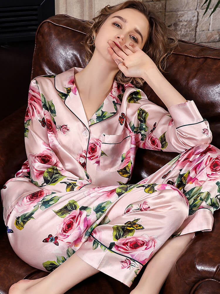 (image for) 22 Momme Rose Floral Long Sleeve Silk Pajama Set Contrast Piping