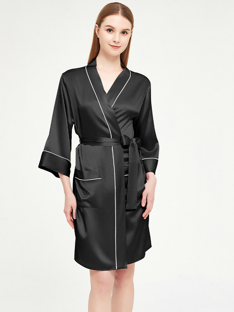(image for) 22MM Women Luxury Trimmed Short Silk Kimono Robe With Pockets