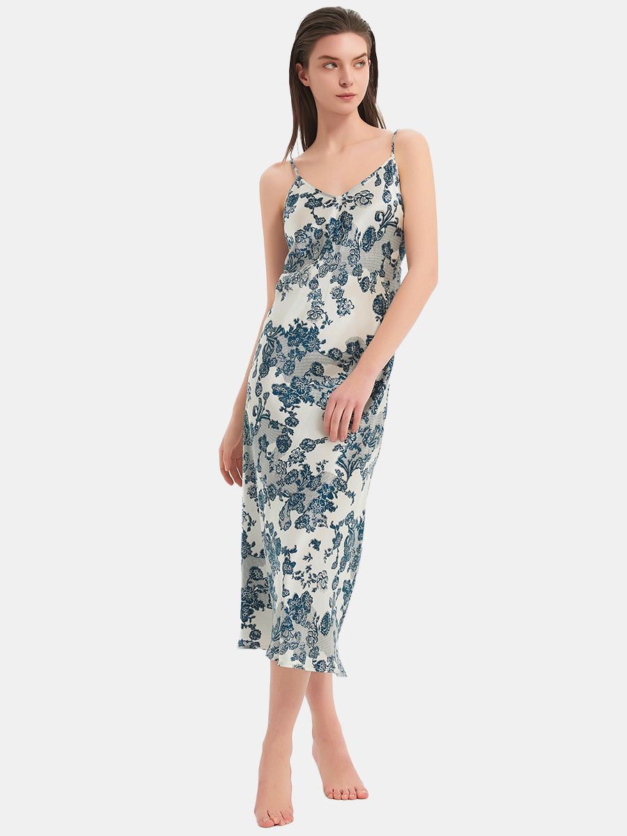 (image for) 22 Momme White and Blue Vintage Floral Print Silk Midi Chemise