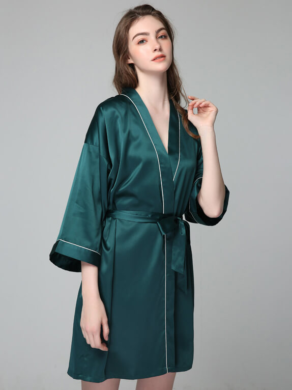 (image for) 22 Momme Piped Short Silk Bride and Bridesmaids Bathrobe