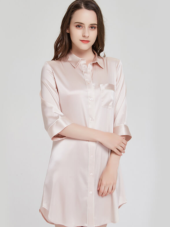 (image for) 22 Momme Elegant Collar 3/4 Sleeve Button-Down Silk Nightshirt