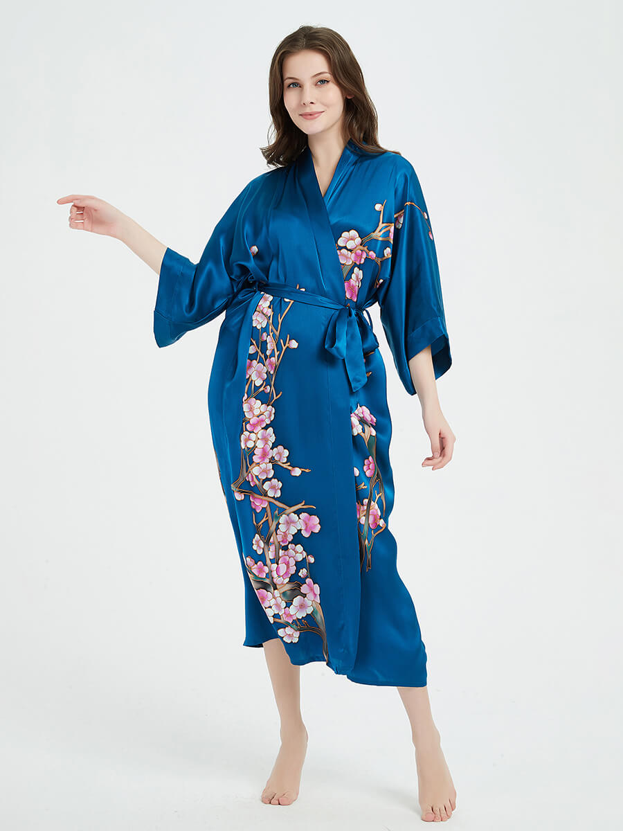 (image for) 16 Momme Blossoming Long Silk Kimono Robe