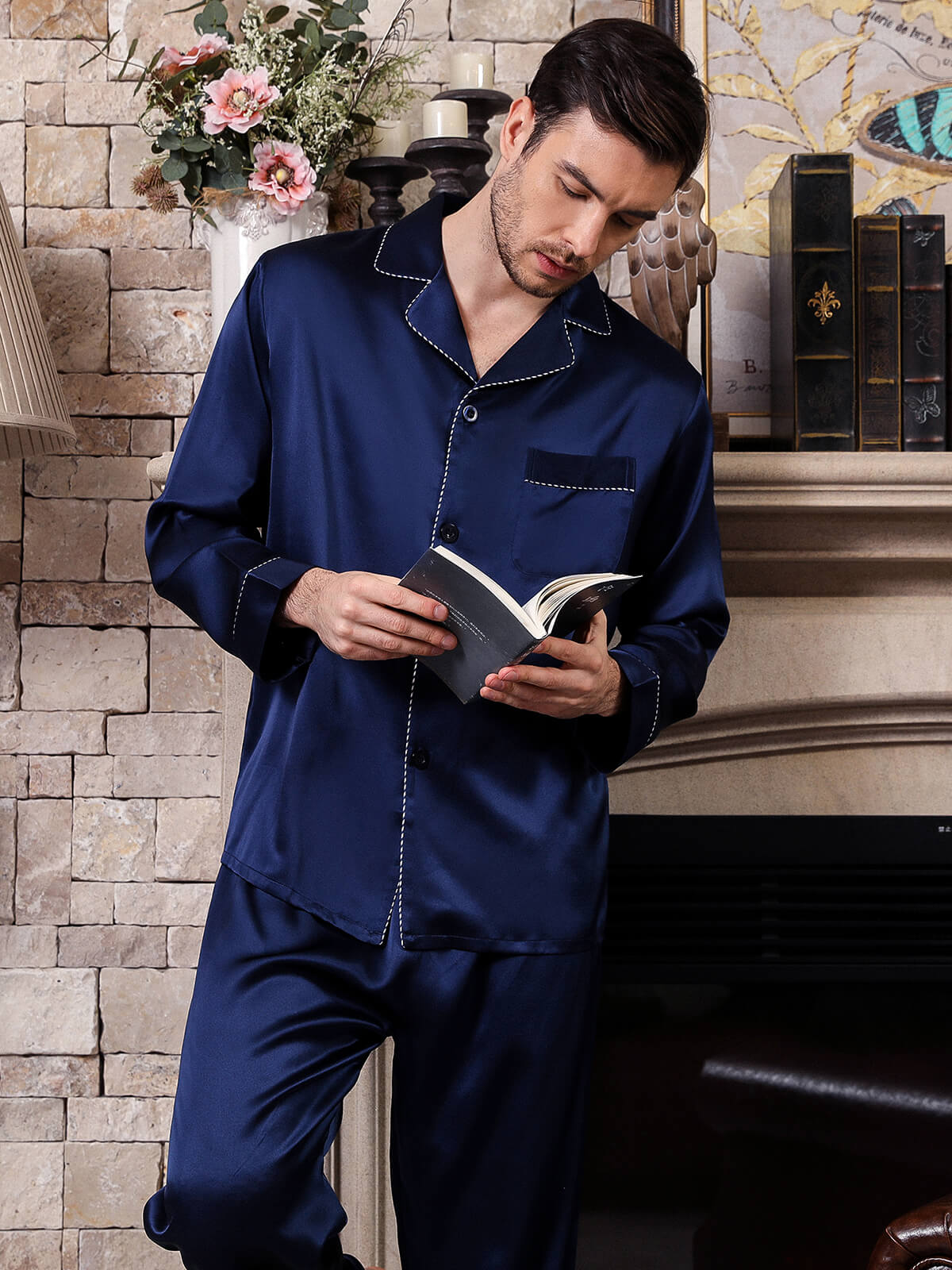 (image for) 22 Momme Men's Classic Navy Blue Button-Down Silk Pajama Set
