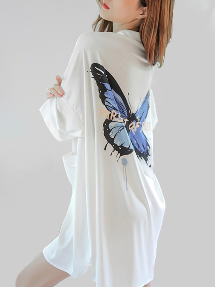 (image for) 19 Momme Butterfly Printed Silk Boyfriend Nightshirt For Women
