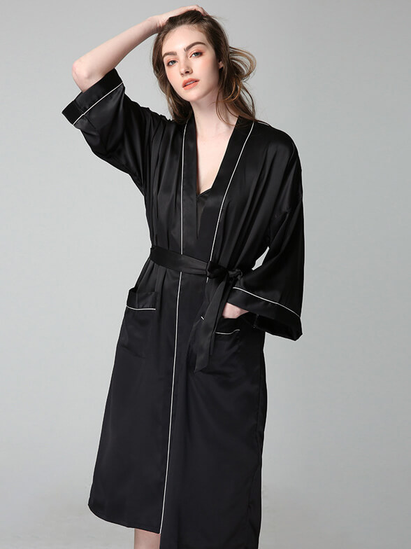 (image for) 19 Momme Piped Long Silk Bride and Bridesmaids Dressing Gown