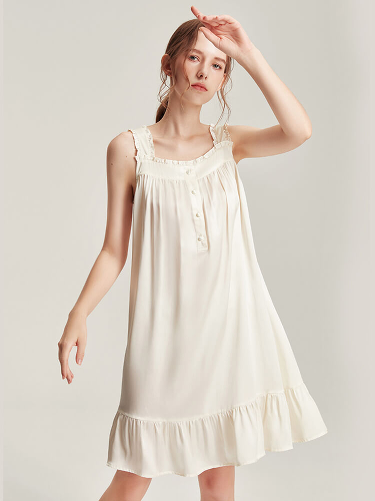 (image for) 22 Momme Ruffle Trim Sleeveless White Mulberry Silk Nightgown
