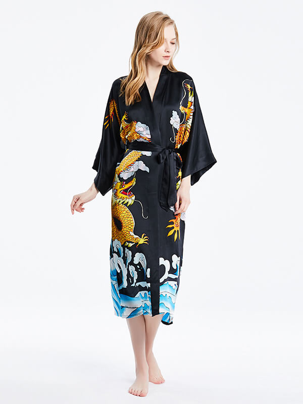 (image for) 16 Momme Dragon Long Silk Kimono Robe