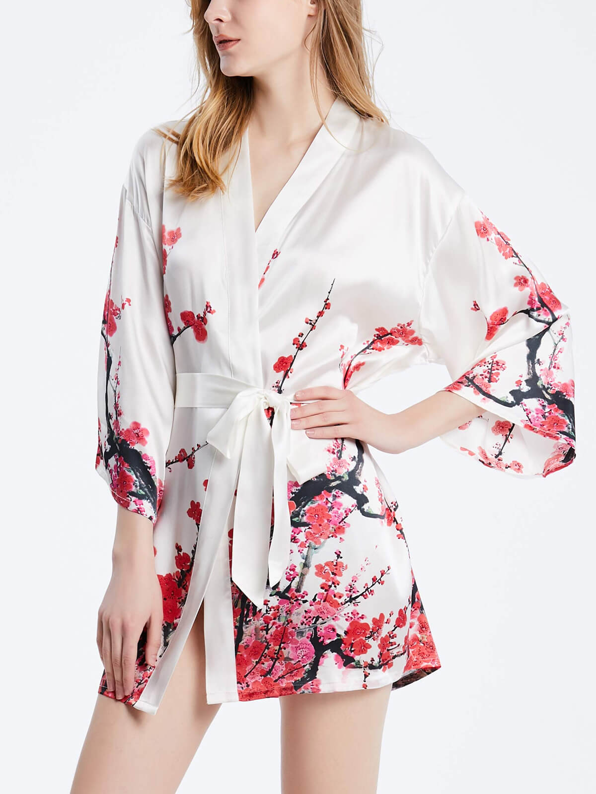 (image for) 16 Momme Plum Blossom Women Short 100% Silk Kimono Robe