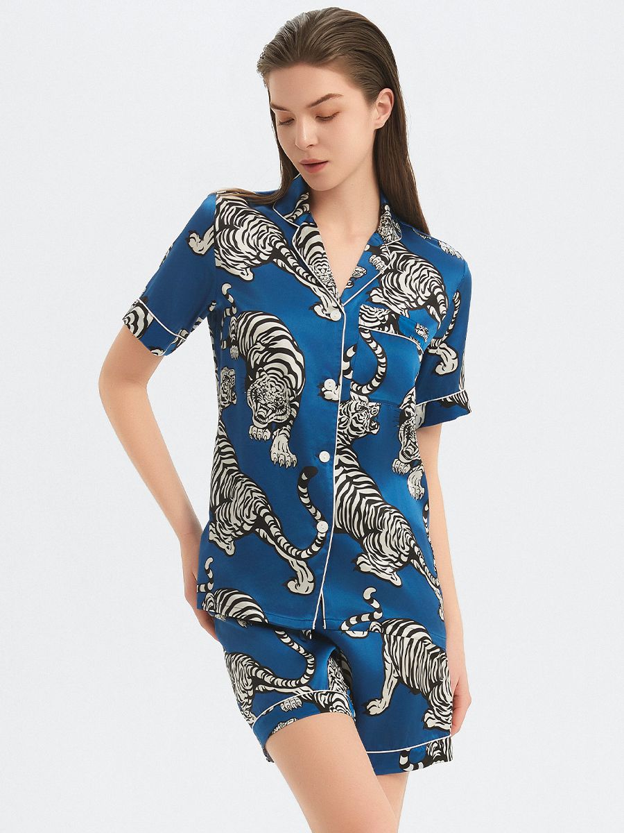 (image for) 22 Momme Tiger Printed Dark Blue Women Silk Pajama Shorts Set