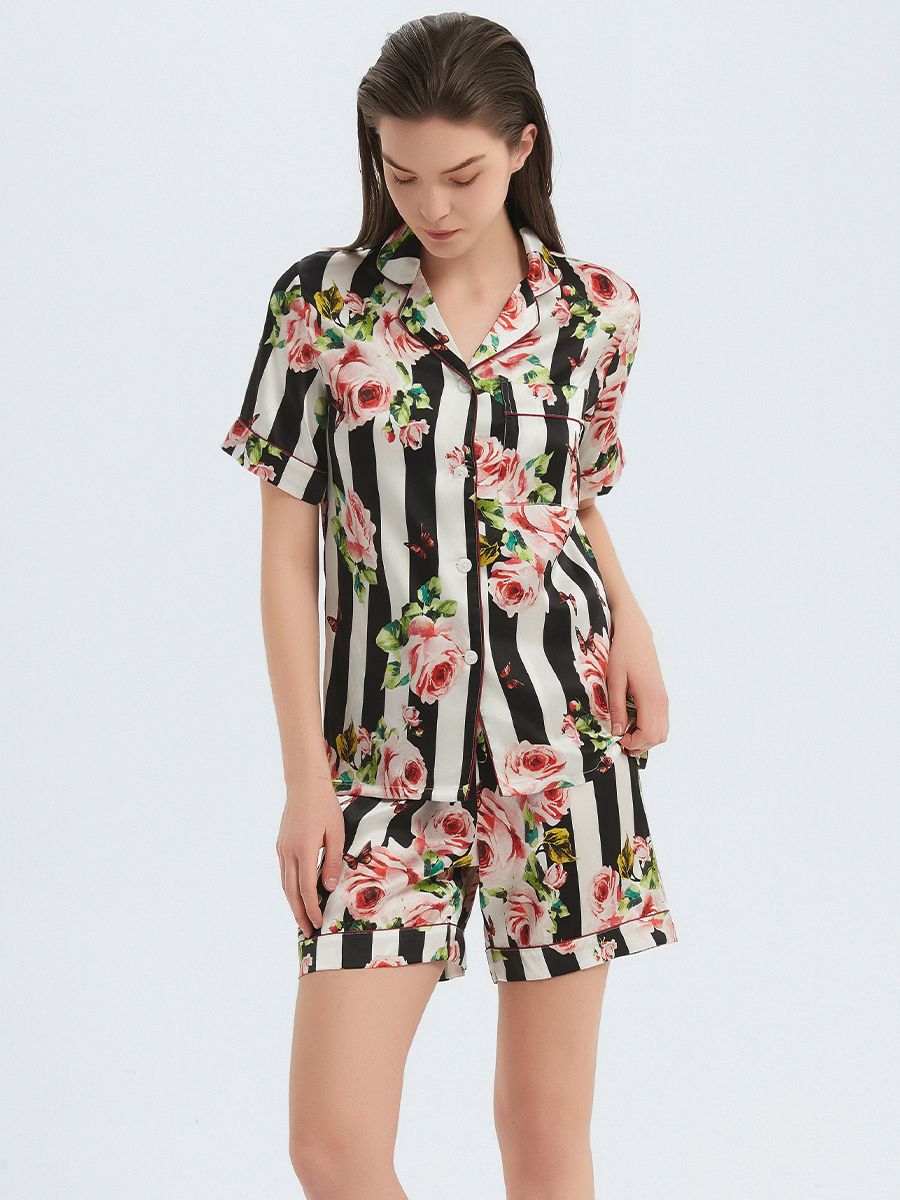 (image for) 22 Momme Floral Striped Women Mulberry Silk Pajama Shorts Set