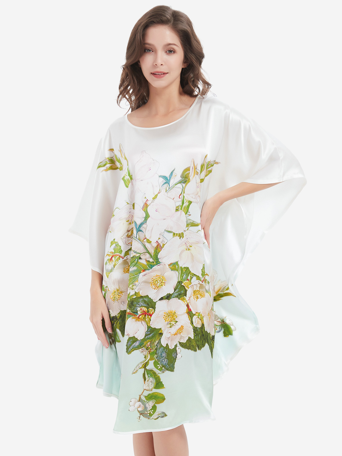(image for) Ombre Green Floral Printed White Mulberry Silk Caftan Nightdress