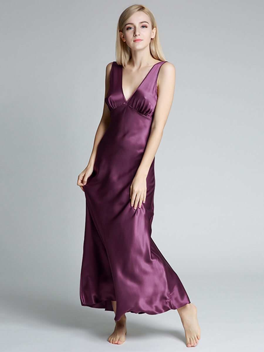 (image for) 22 Momme Sleeveless V-Neck Floor Length Mulberry Silk Nightgown