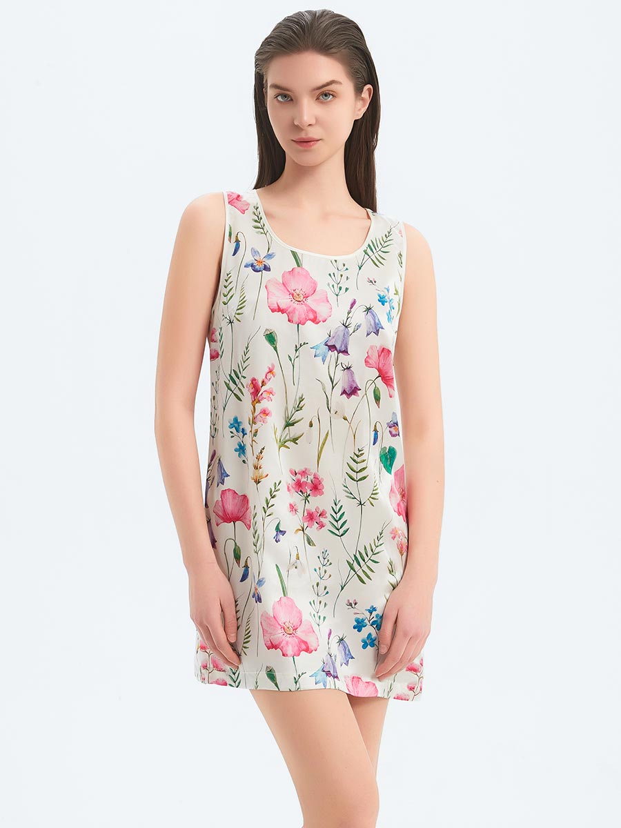 (image for) 19 Momme Wildflower Print Sleeveless Scoop Neck Silk Sleep Dress