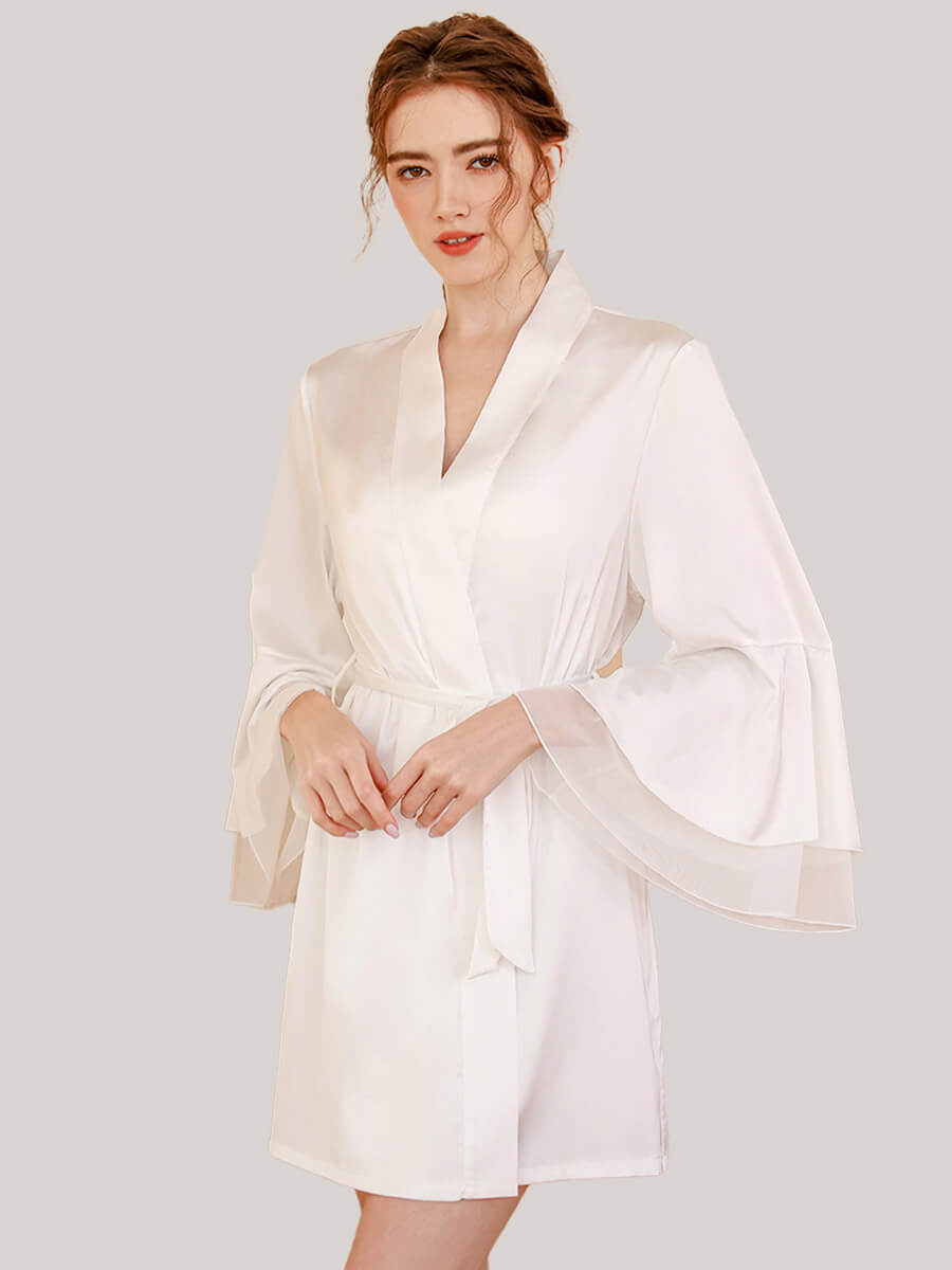 (image for) 19 Momme Elegant White Silk Wedding Robe with Soft Silk Mesh