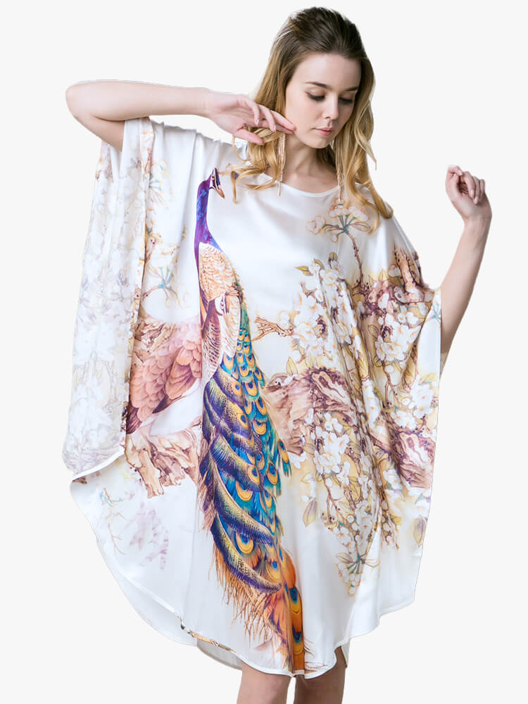 (image for) Peacock Printed Luxury Women Elegant White Silk Nightgown