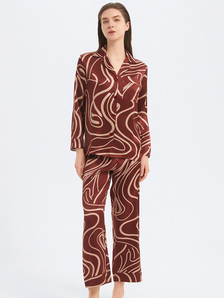 (image for) 22 Momme Claret Wave Print Long Silk Pajama Set for Women