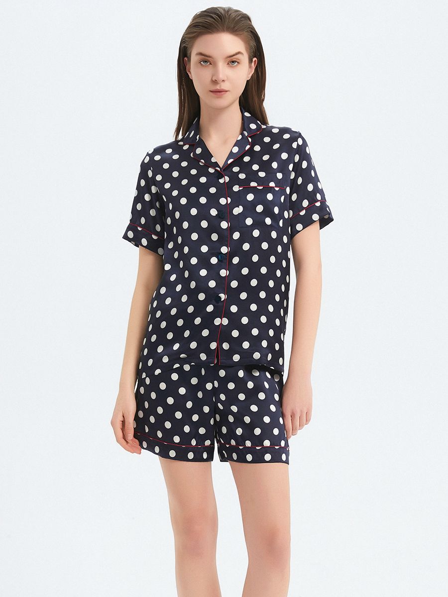(image for) 22 Momme Polka-Dot Printed Navy Blue Silk Pajama Shorts Set