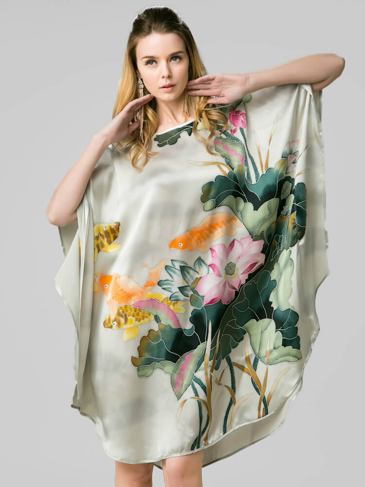 (image for) Light Green Lotus and Fish Prints Mulberry Silk Kaftan Nightgown