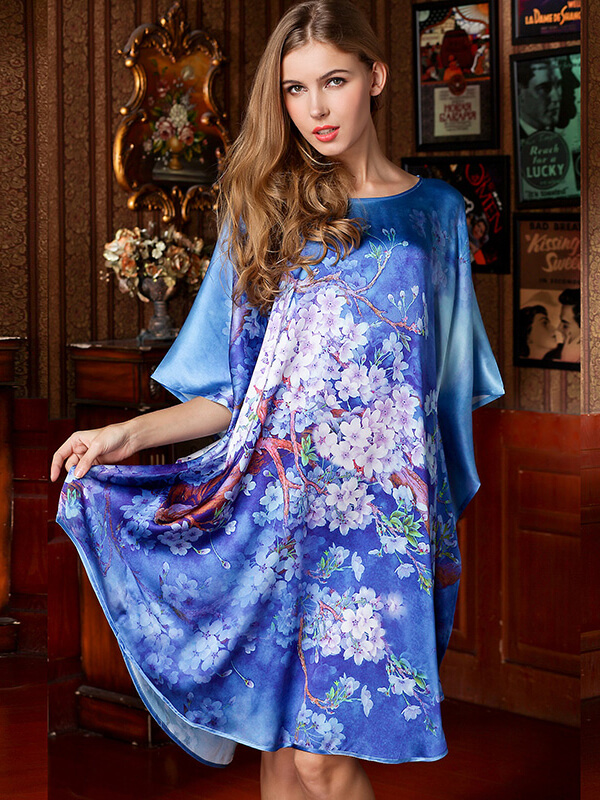 (image for) 22 Momme Blue Cherry Blossom Printed Silk Kaftan Nightgown