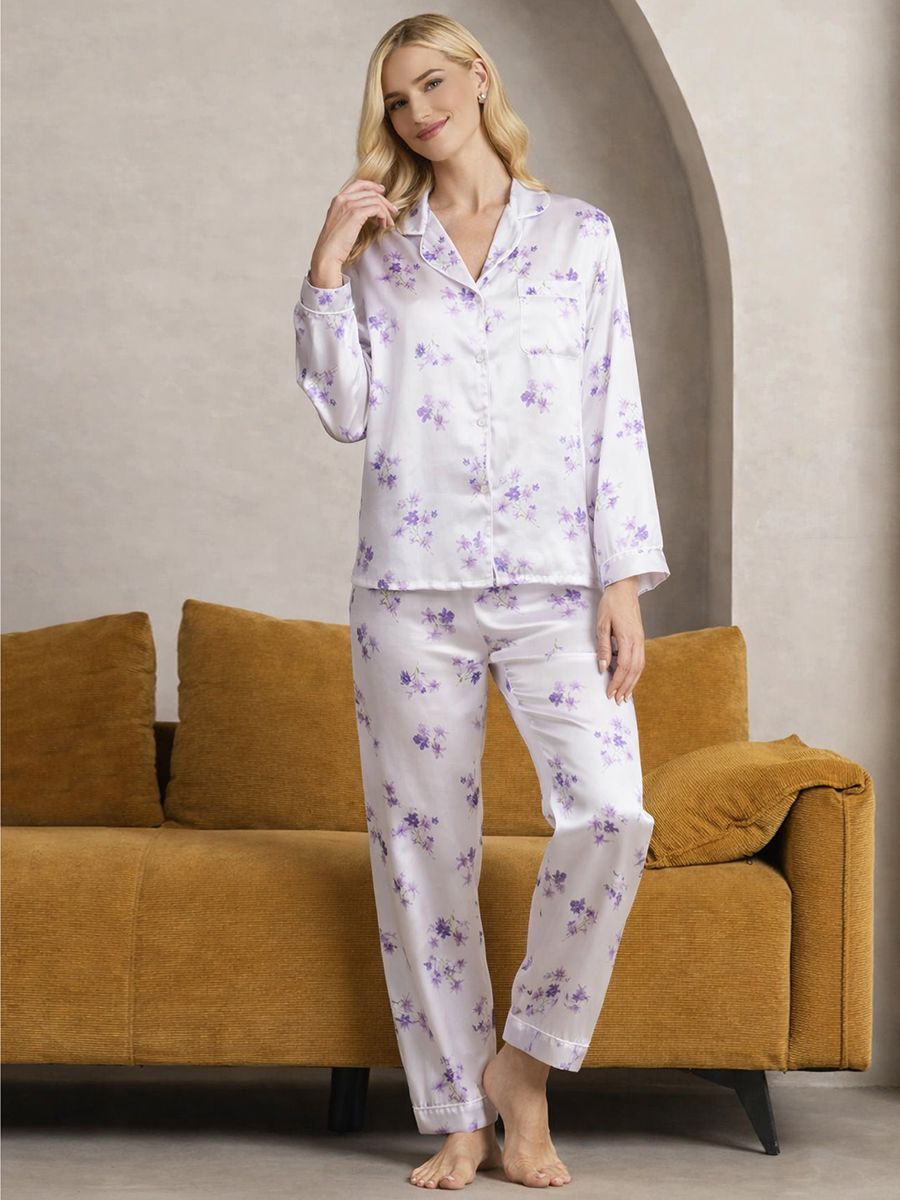 (image for) 22 Momme Lavender Blossom Print Women White Silk Pajama Set