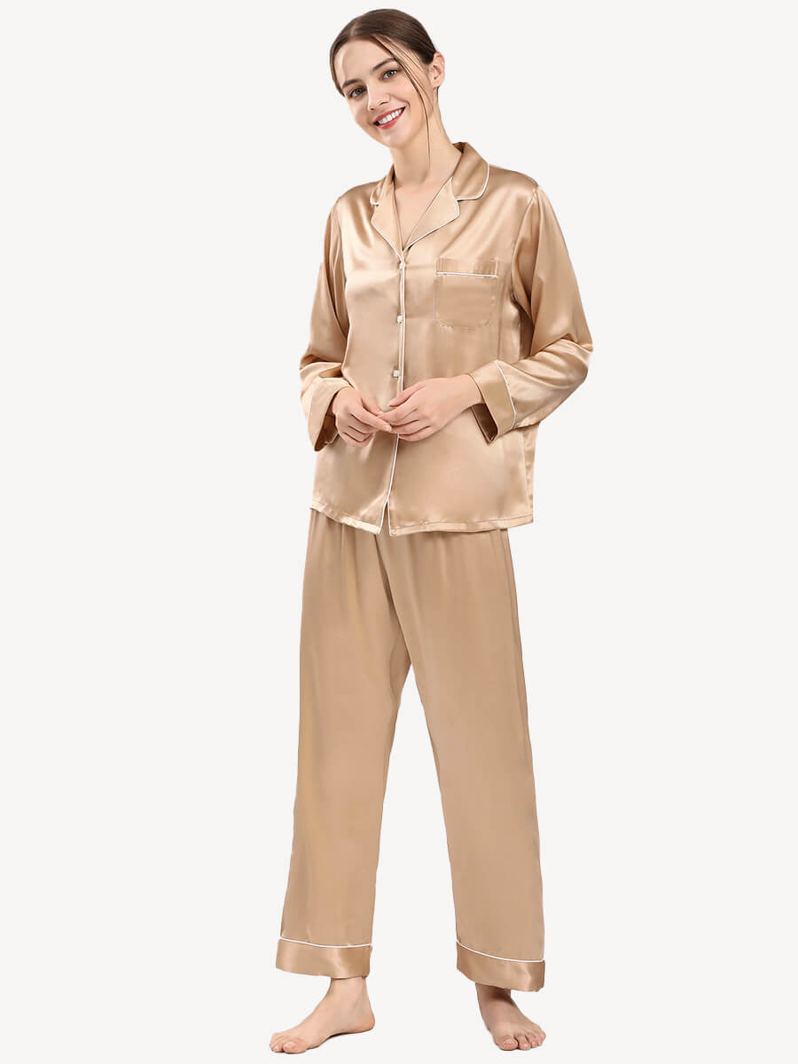 (image for) 22 Momme Elegant Champagne Long Sleeve Silk Pajama Set for Women