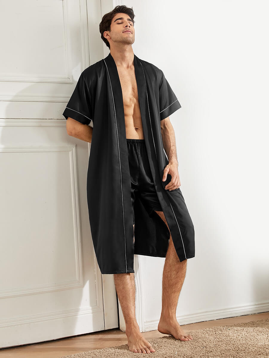 (image for) Men 2pcs Short-sleeve Silk Robe Sleep Shorts Set