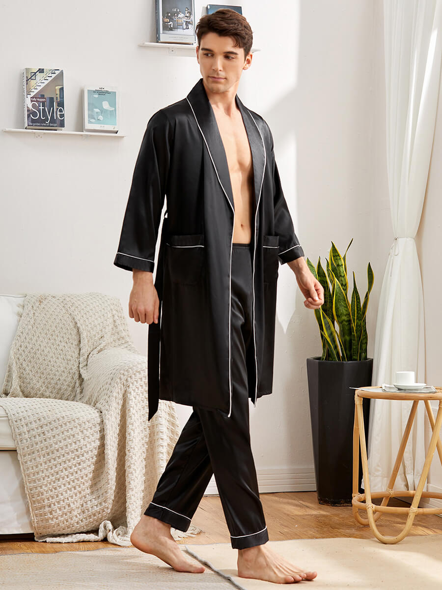 (image for) 19 Momme Mens Contrast Binding Silk Robe and Pants Set