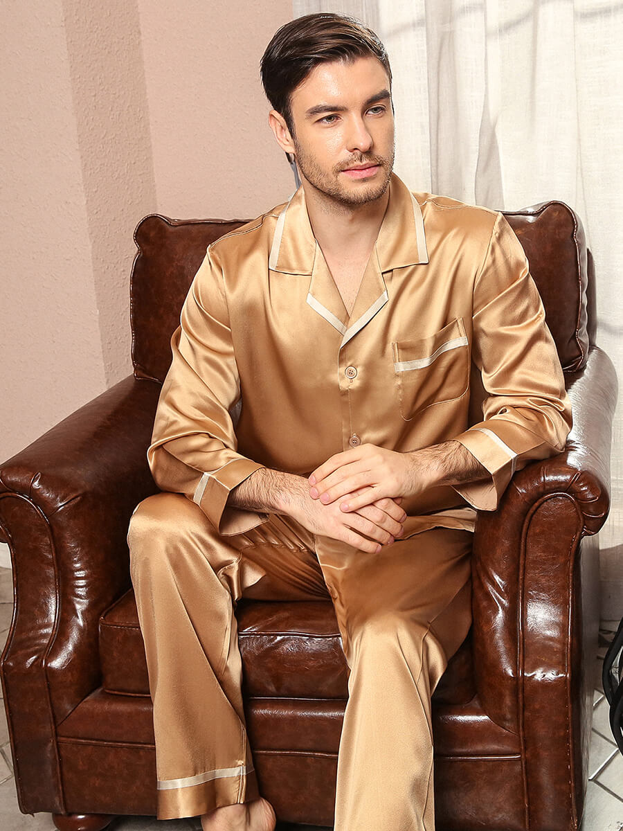 (image for) 22 Momme Men's Luxurious Button-Up Piped Silk Pajama Set