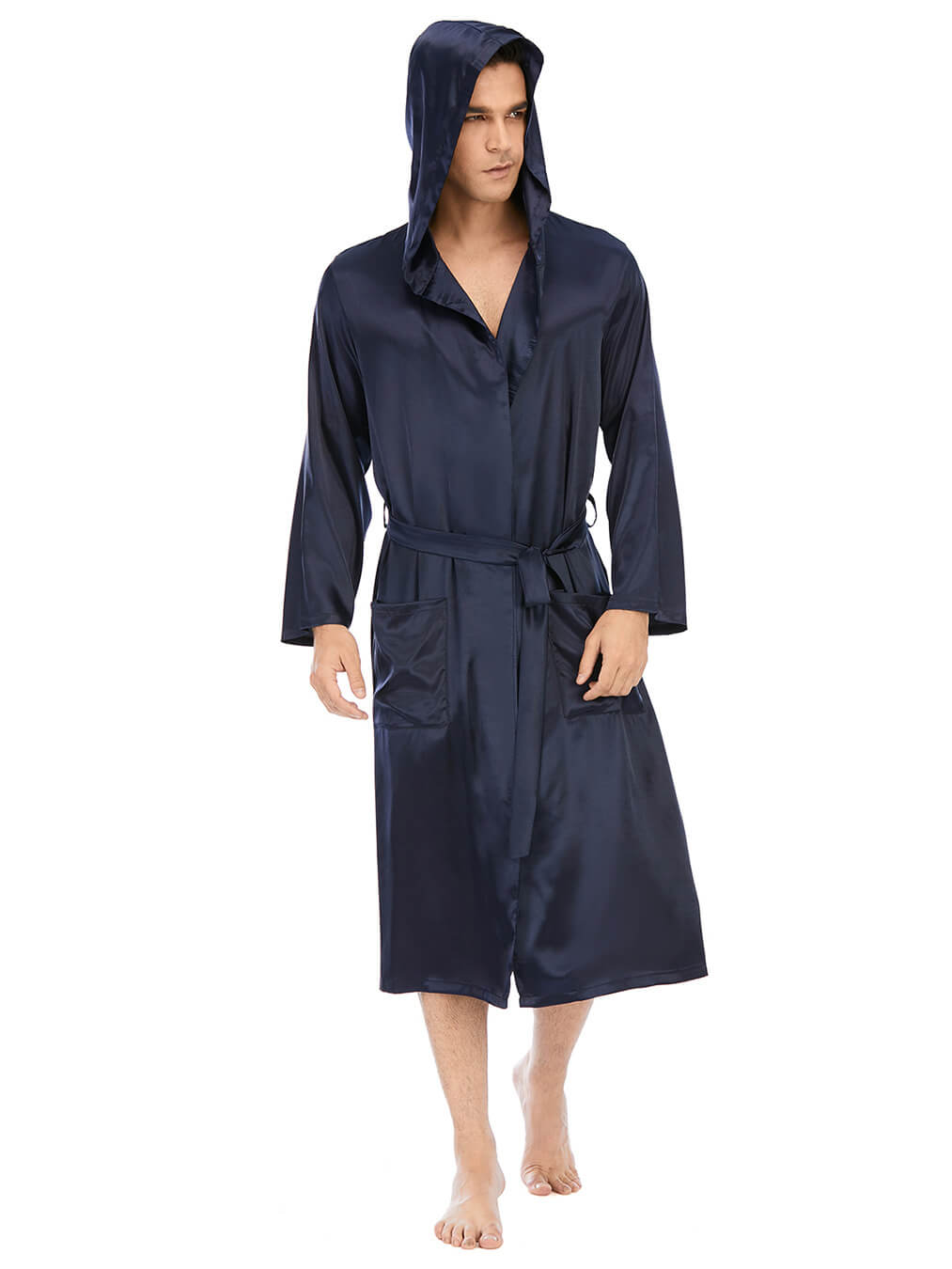 (image for) 22 Momme Men's Hooded Long Silk Robe with Belt and Pockets
