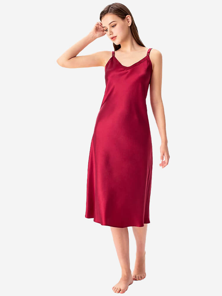 (image for) 22 Momme Comfortable Wide-Strap V-Neck Midi Silk Slip Nightgown
