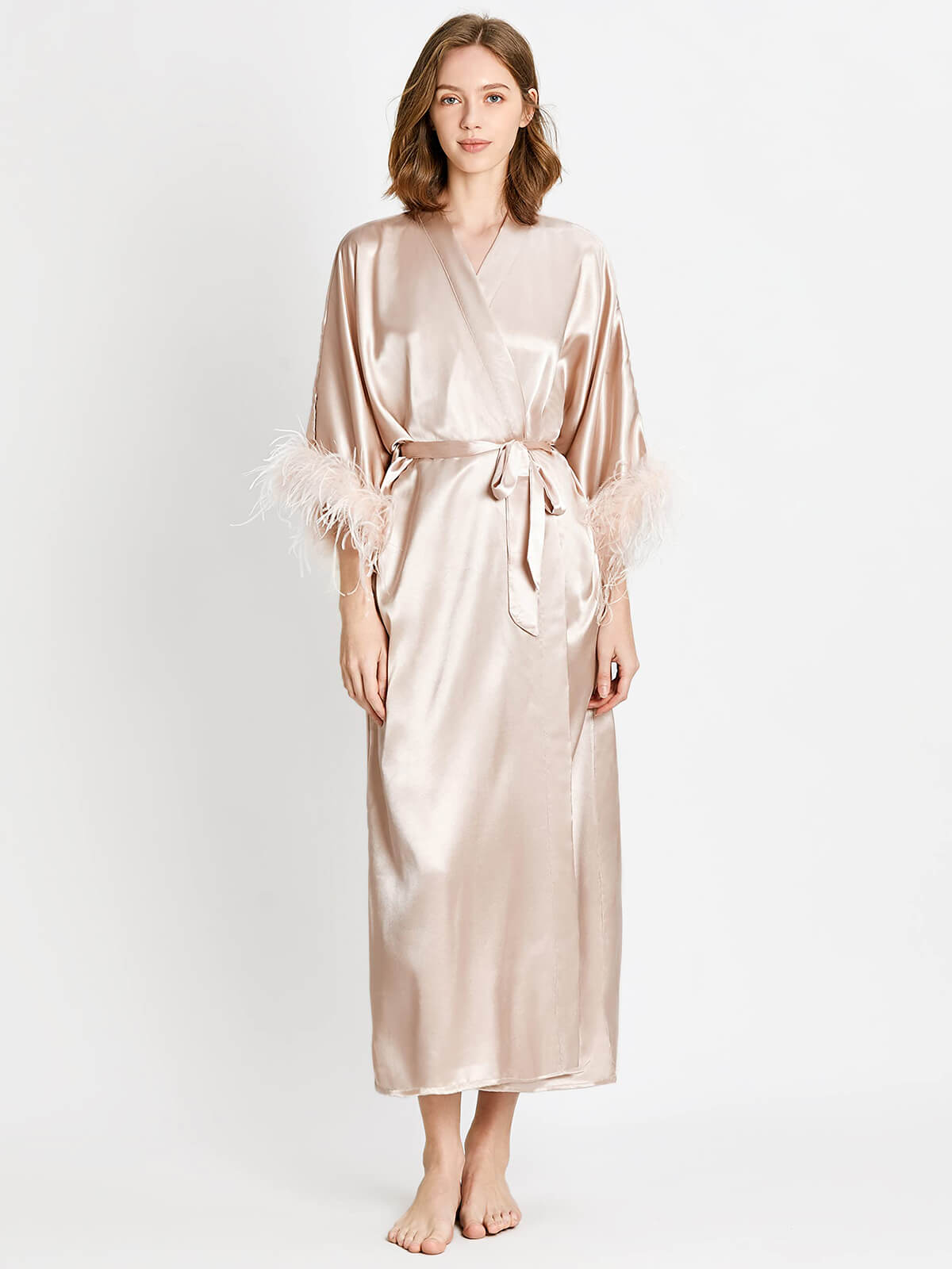 (image for) Women Luxury Solid Long 100% Silk Kimono Robe With Fur Trim