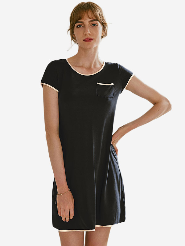 (image for) Short-Sleeve Silk Trimmed Knitted Nightgown with Chest Pocket