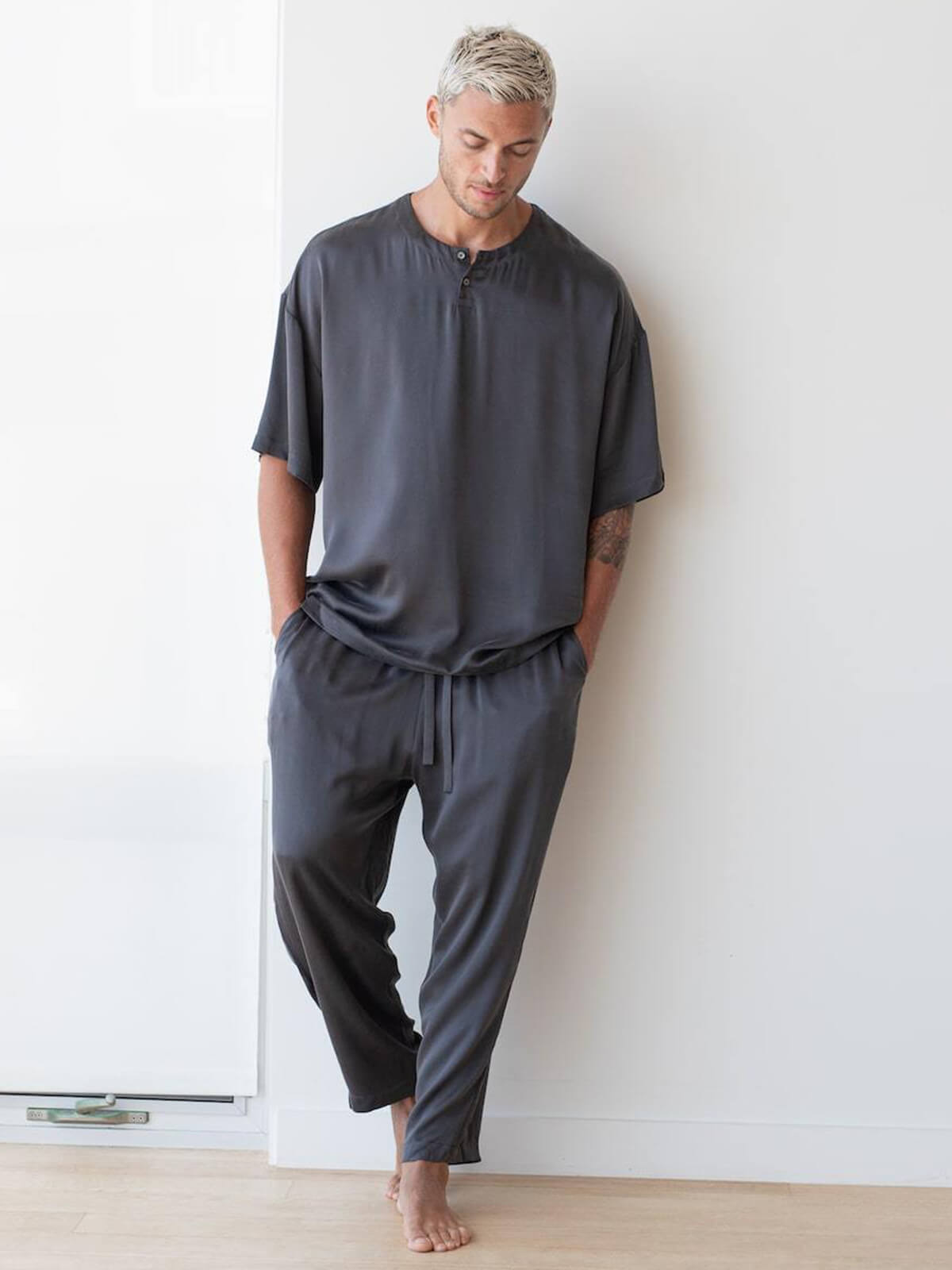 (image for) 22 Momme Short Sleeve Silk Pajama Pants Set for Men