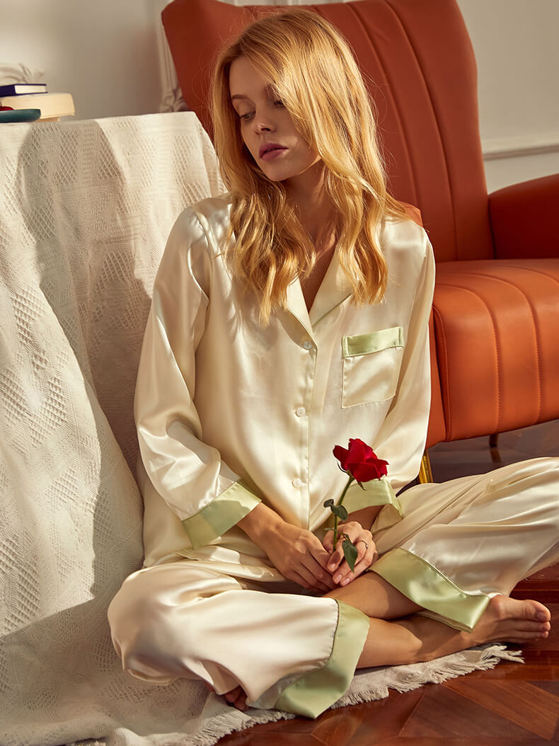 (image for) 22 Momme Ivory and Sage Green Long Sleeve Button-Up Silk Pajamas