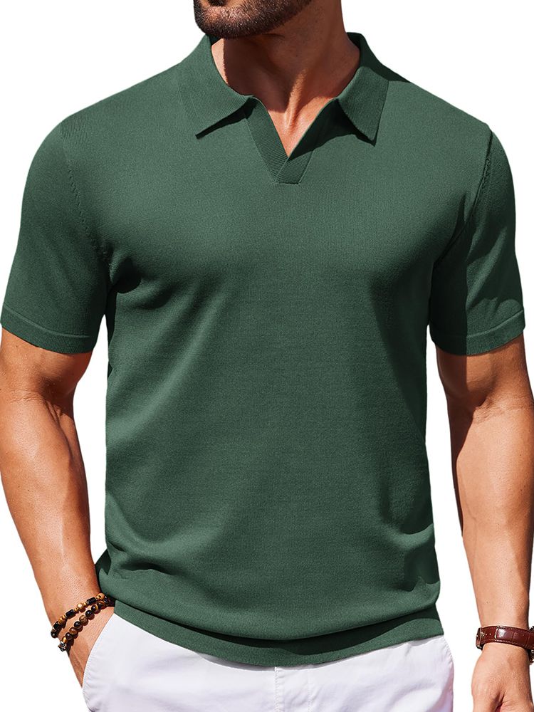 (image for) Men's V Neck Short Sleeve Stretch Silk Knit Polo Shirt