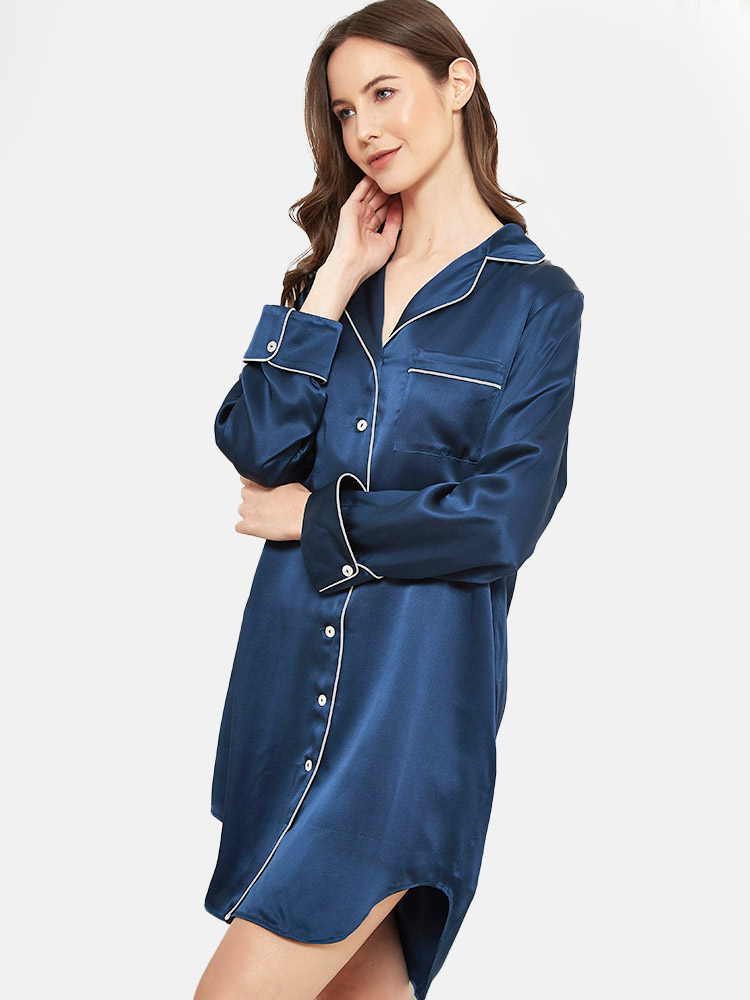 (image for) 22 Momme Luxurious Roll Cuff Silk Button-Down Nightshirt