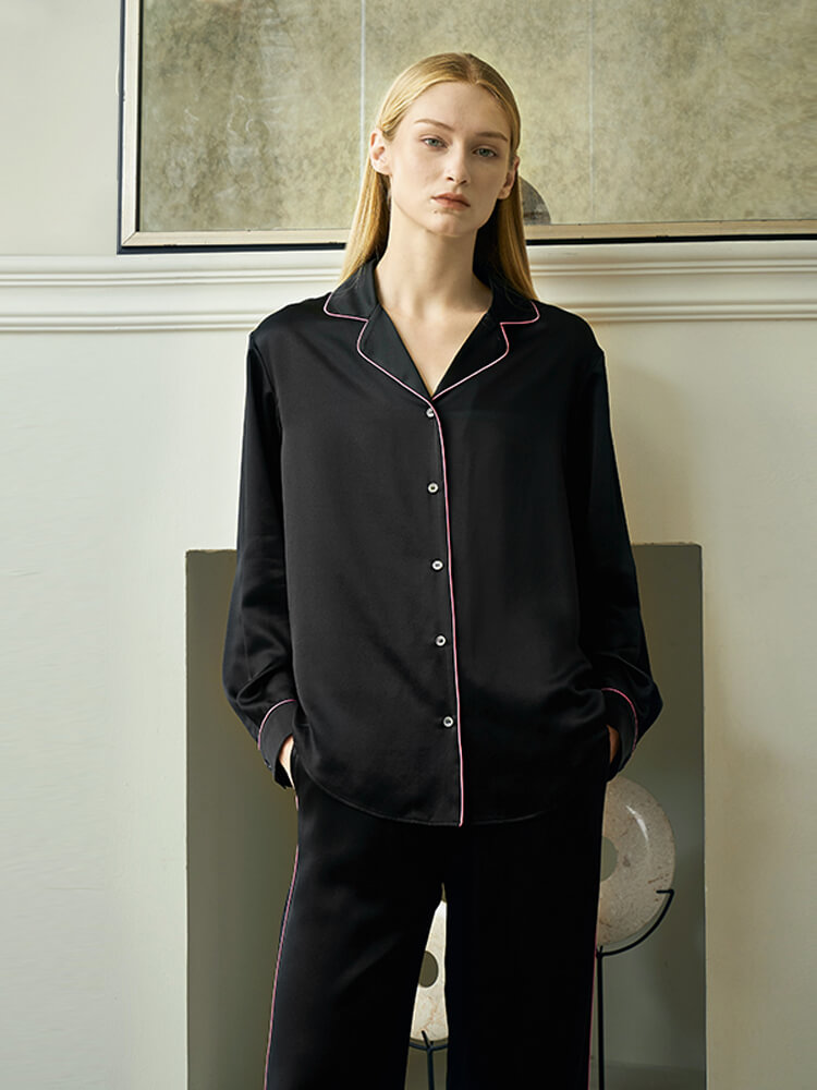 (image for) 22 Momme Stylish Long Silk Pajama Set with Contrast Piping