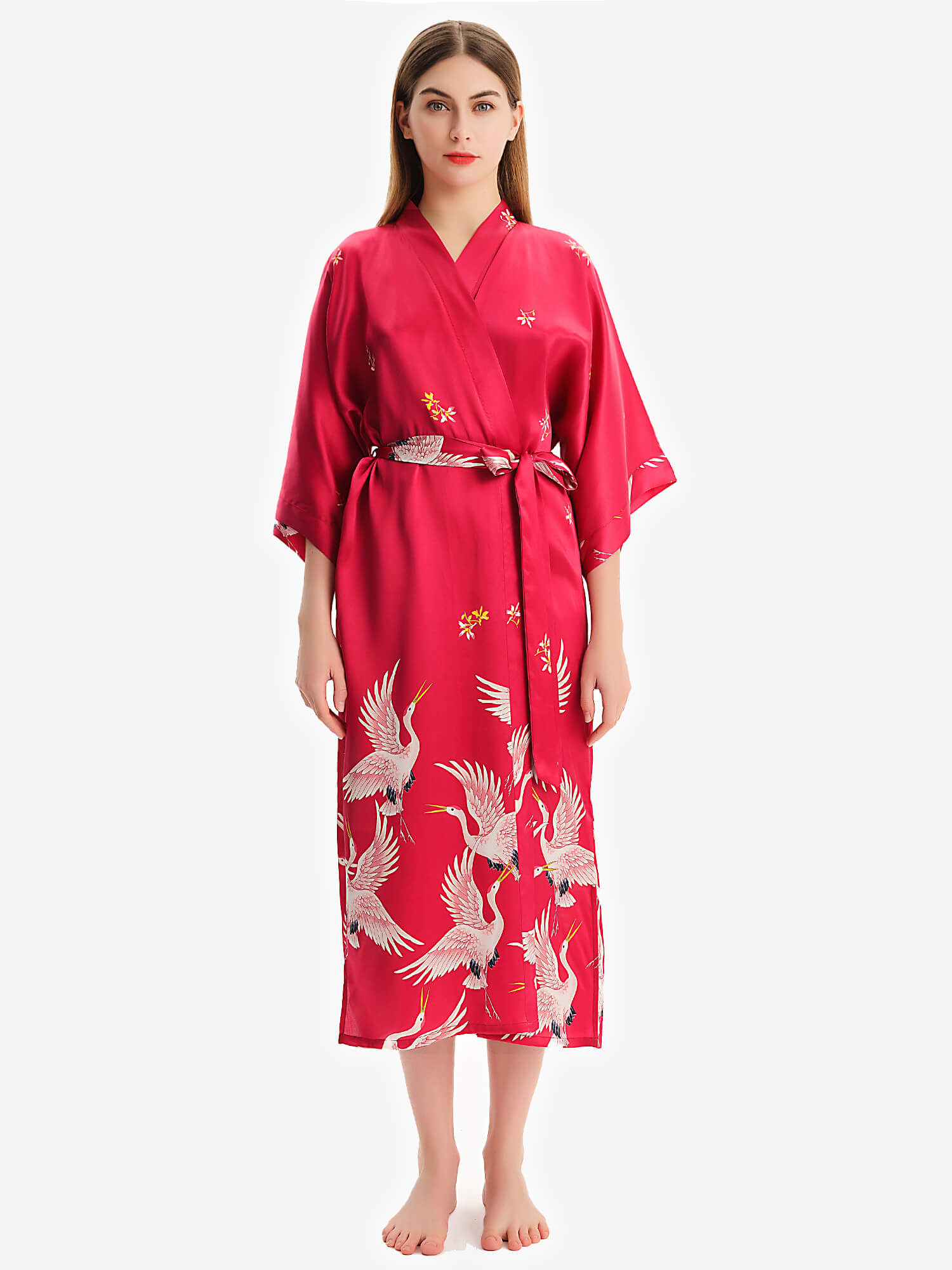 (image for) Claret Crane Printed Womens Long Mulberry Silk Kimono Robe