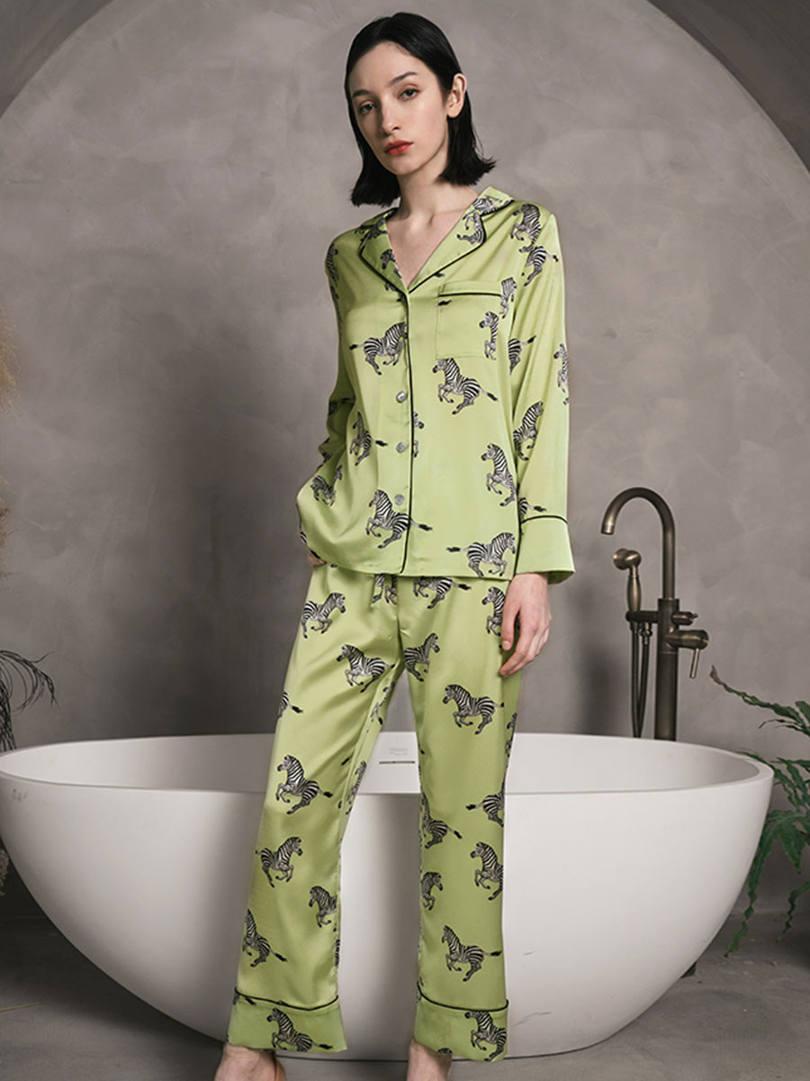 (image for) 22 Momme Zebra Printed Green Silk Pajama Set with Black Trimming