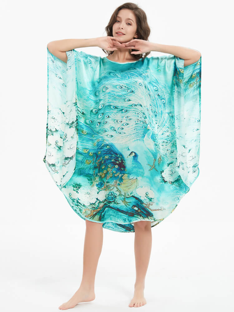 (image for) Peacock Floral Print Mulberry Silk Oversized Caftan Nightgown