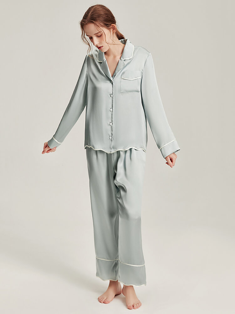 (image for) 22 Momme Stylish Wavy Piped Women's Long Sleeve Silk Pajama Set
