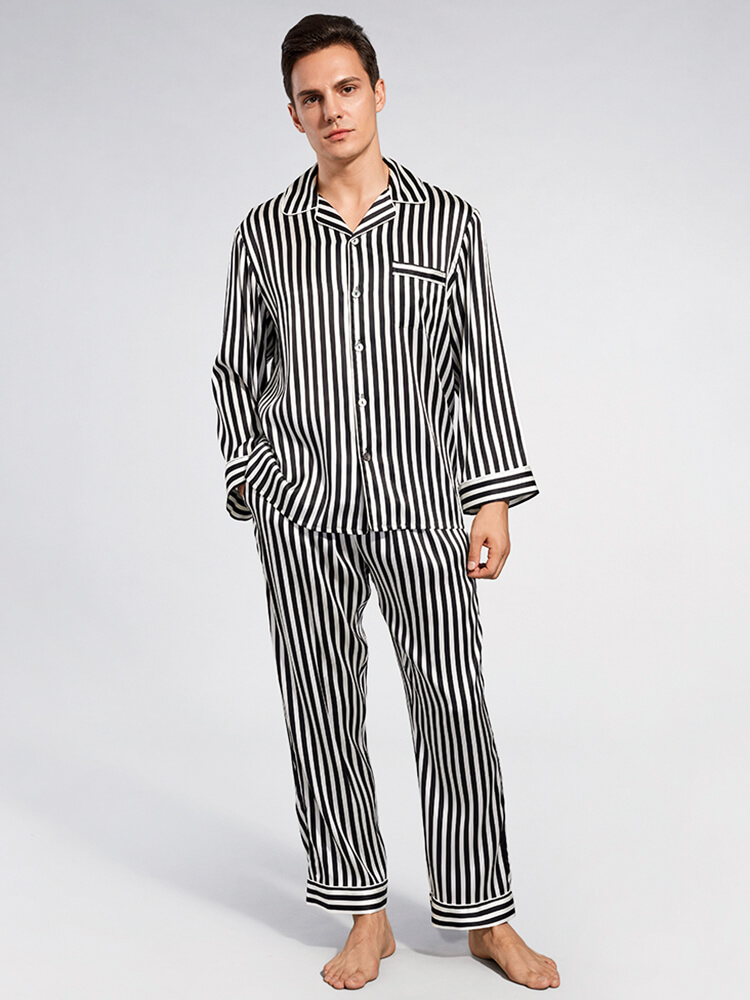 (image for) 19 Momme Black and White Striped Long Silk Pajama Set for Men