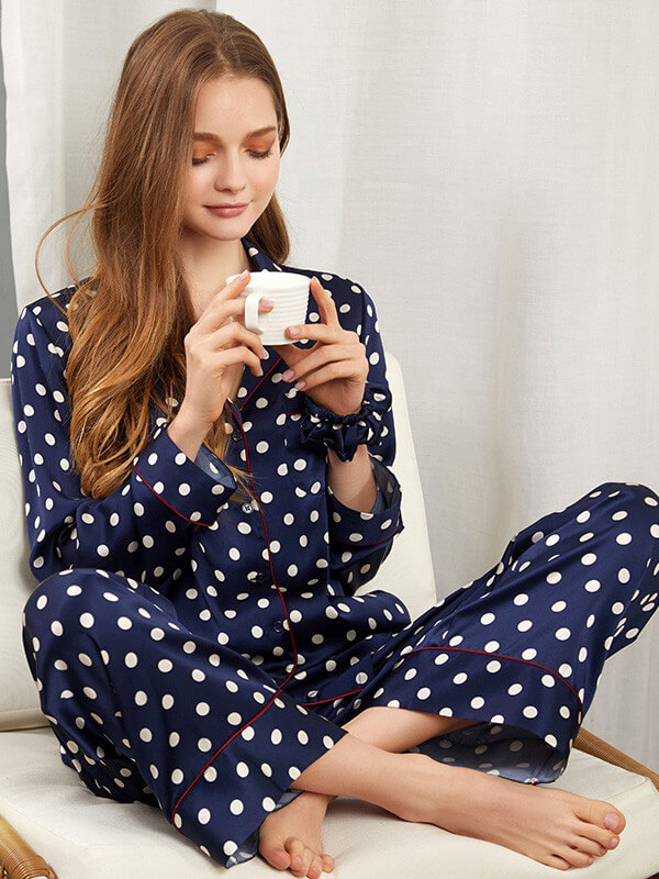 (image for) 22 Momme Navy Blue Long Silk Pajama Set with Polka Dots Printing