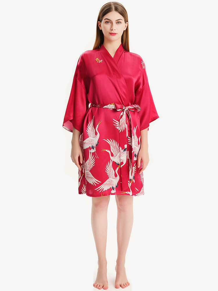 (image for) Hand Painted Red Crane Short Silk Kimono Robe